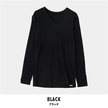 パレコレ/ホットライフ メンズ綿100%吸湿発熱Vネック長袖インナートップス(ブラック-M)