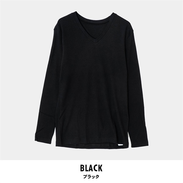 パレコレ/ホットライフ メンズ綿100%吸湿発熱Vネック長袖インナートップス(ブラック-M)