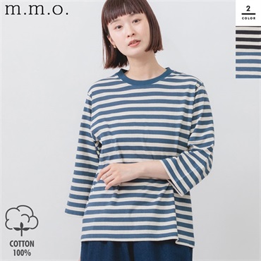 m.m.o(エムエムオー) レディースクルーネック七分袖プルオーバーボーダートップス
