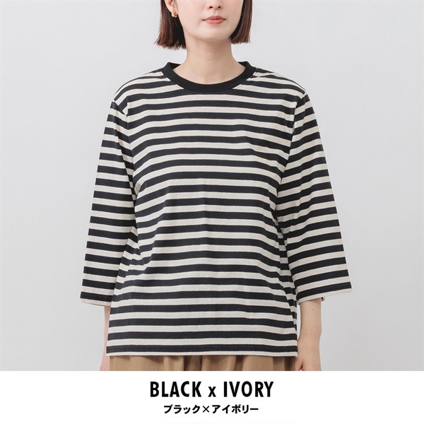 m.m.o(エムエムオー) レディースクルーネック七分袖プルオーバーボーダートップス(ブラック×アイボリー-M)