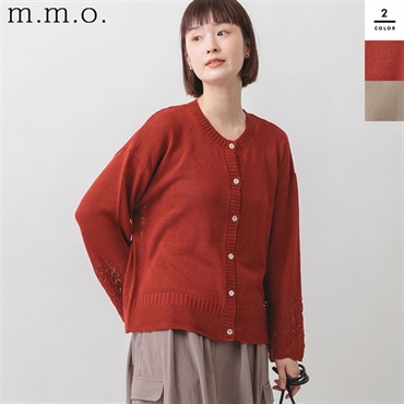 m.m.o(エムエムオー) レディース袖透かし柄編み麻タッチカーディガン
