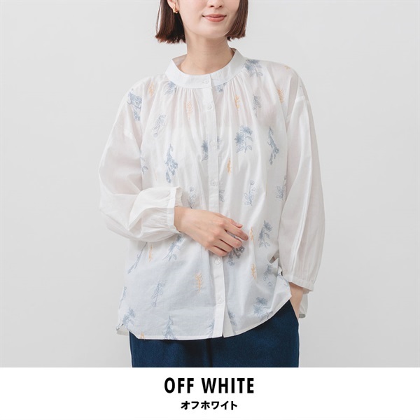 m.m.o(エムエムオー) レディース前開き刺繍ギャザーブラウス刺繍ブラウス(オフホワイト-M)