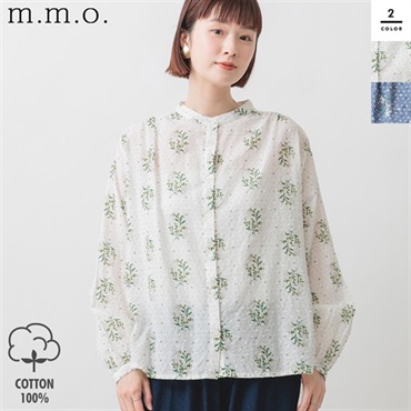 m.m.o(エムエムオー) レディースドットドビー×リーフプリントスタンドカラー前開きブラウス