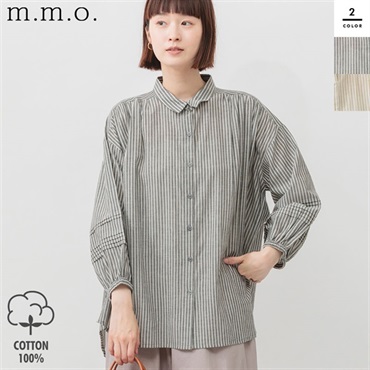 m.m.o(エムエムオー) レディースシアー先染めストライプ袖ピンタック綿ボイルブラウス