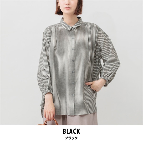 m.m.o(エムエムオー) レディースシアー先染めストライプ袖ピンタック綿ボイルブラウス(ブラック-M)