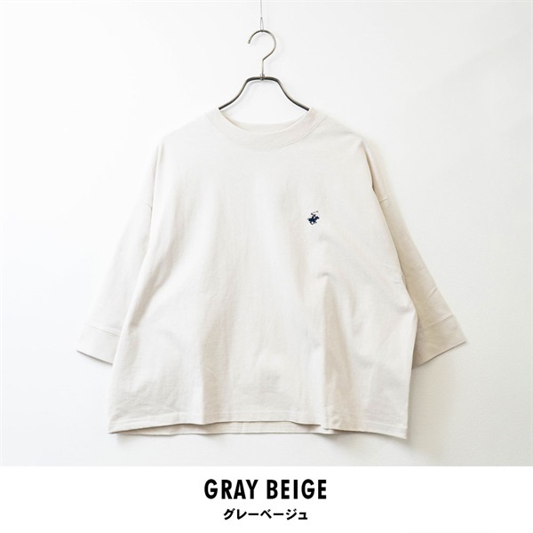 BEVERLY HILLS POLO CLUB(ビバリーヒルズポロクラブ) クルーネックワイドスリーブTシャツ(グレーベージュ-M)