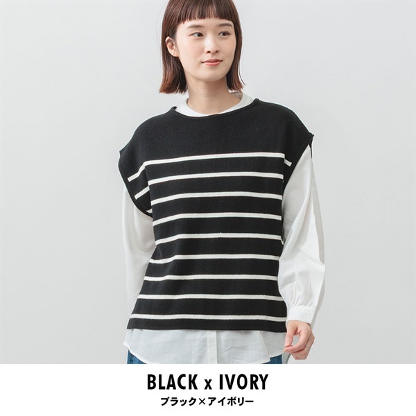 m.m.o.(エムエムオー) レディースアンサンブルリブニットベスト＆ブラウス洗える2点セット(ブラック×アイボリー-M)