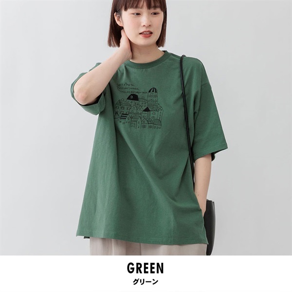 m.m.o.(エムエムオー) レディース刺繍チュニックＴシャツ(グリーン-M)