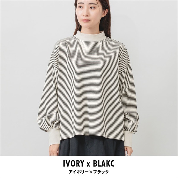 m.m.o.(エムエムオー) レディースバスクボリューム袖Tシャツ(アイボリー×ブラック-M)