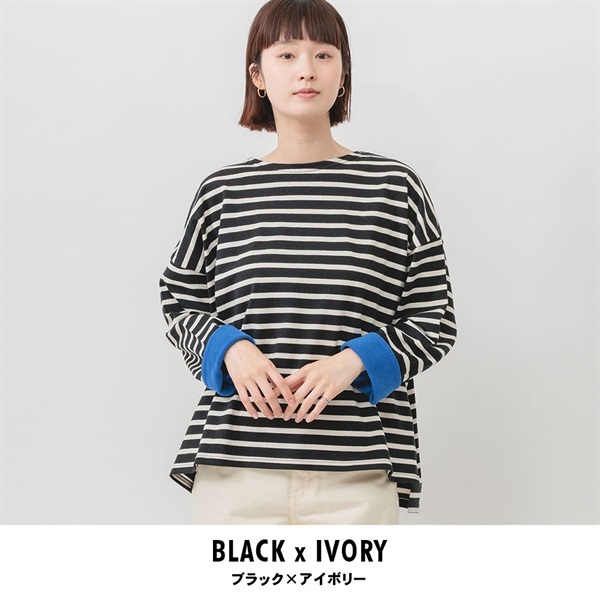 m.m.o.(エムエムオー) レディース袖裏フリースOE天竺バスクシャツ(ブラック×アイボリー-M)