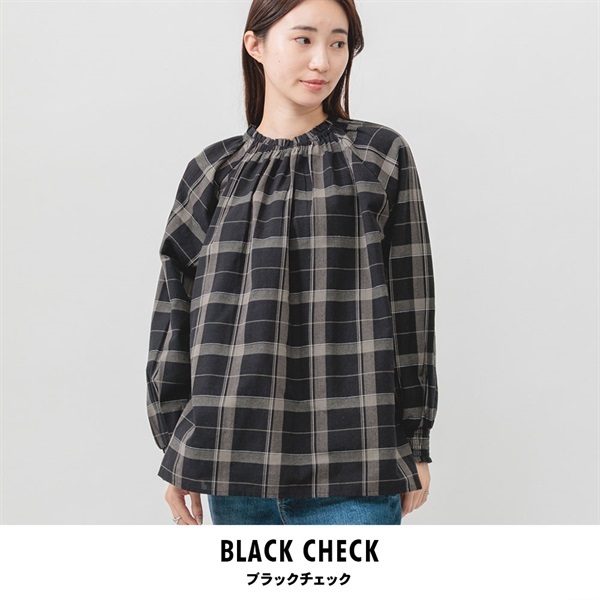 m.m.o.(エムエムオー) レディース前後2WAYラグラン袖チェックブラウス(ブラックチェック-M)