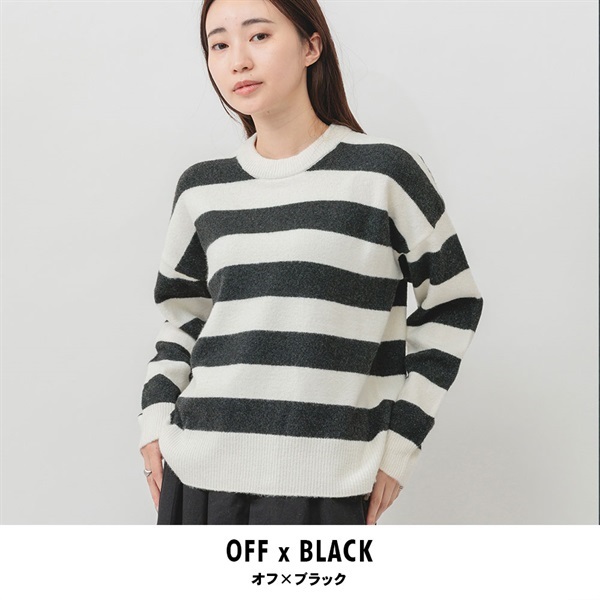 m.m.o.(エムエムオー) レディース杢調クルーネックニットプルオーバー(オフ×ブラック-M)