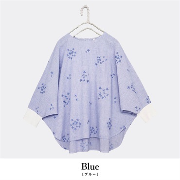 cloudnine(クラウドナイン) 綿麻小花刺繍ドルマン袖ゆったりブラウス(ブルー-M-L)