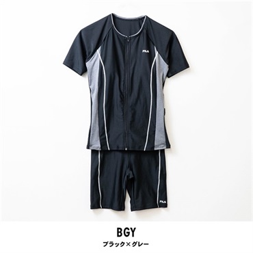 FILA(フィラ) レディースフルジップ半袖セパレートフィットネス水着(ブラック×グレー-M)
