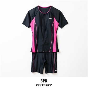 FILA(フィラ) レディースフルジップ半袖セパレートフィットネス水着(ブラック×ピンク-3L)