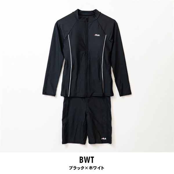 FILA(フィラ) レディースフルジップ長袖セパレートフィットネス水着(ブラック×ホワイト-M)