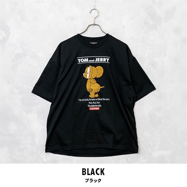 TOM&JERRY(トムとジェリー) メンズサガラ刺繍Tシャツ(ブラック-M)