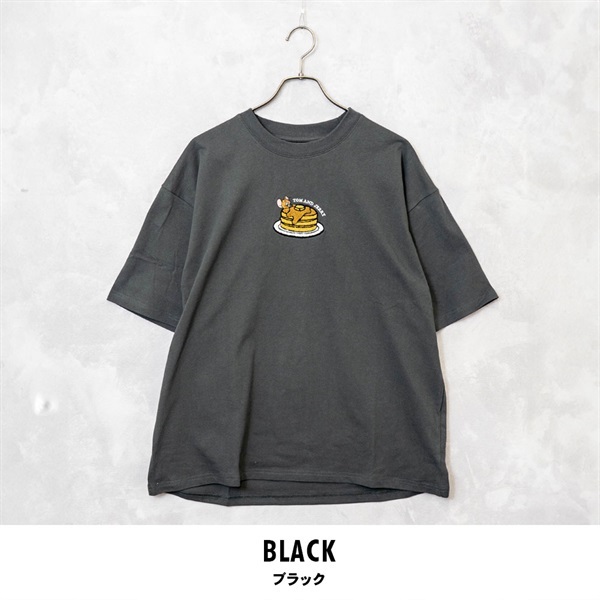TOM&JERRY(トムとジェリー) メンズミニサガラ刺繍Tシャツ(ブラック-M)