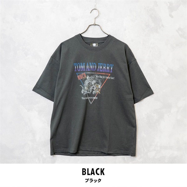 TOM&JERRY(トムとジェリー) メンズピグメント風Tシャツ(ブラック-M)
