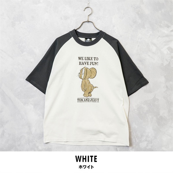 TOM&JERRY(トムとジェリー) メンズユーズド風Tシャツ(ホワイト-M)