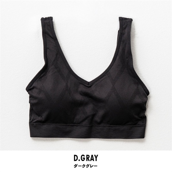 パレコレ レディースCICA＆ビタミンチェック柄ストレッチノンワイヤースポーツブラ(ダークグレー-M)