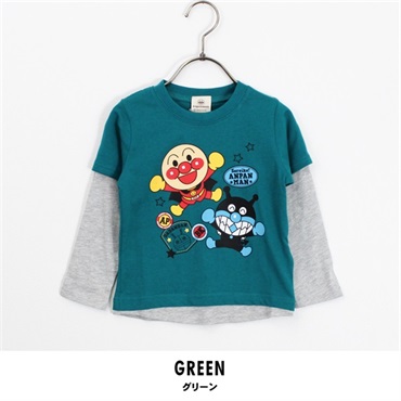 アンパンマン キッズ 長袖 Tシャツフェイクレイヤード(グリーン-80)