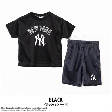 MLB(エムエルビー) キッズメッシュ刺繍Tシャツ＆ハーフパンツ上下セット(ブラック(ヤンキース)-100cm)