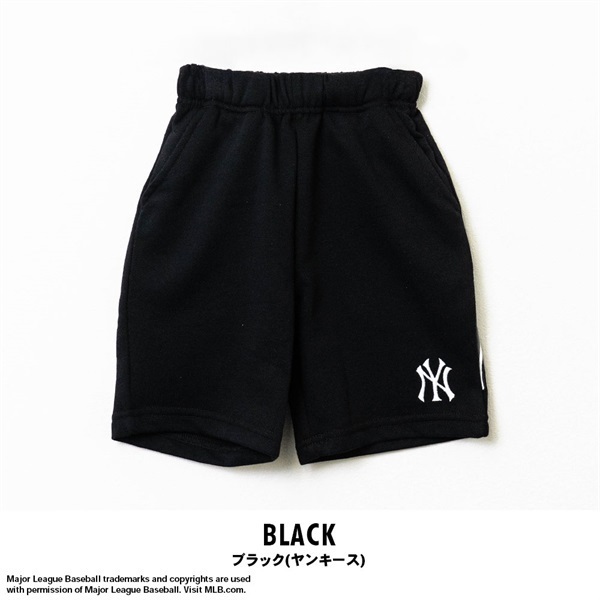 MLB(エムエルビー) キッズ裏毛刺繍プリントハーフパンツ(ブラック(ヤンキース)-80cm)