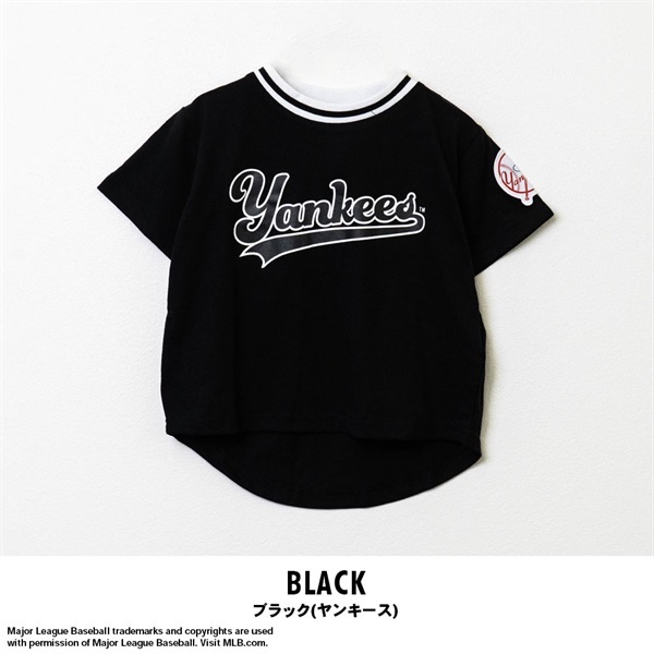 MLB(エムエルビー) キッズ天竺プリントワッペン半袖Tシャツ(ブラック(ヤンキース)-80cm)