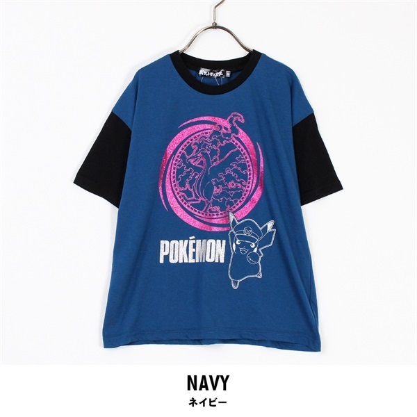 ポケットモンスター 天竺半袖Tシャツ ガラルファイアー×キャプテンピカチュウ(ネイビー-110cm)