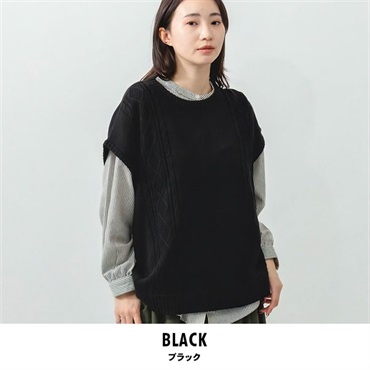 m.m.o アンサンブル ニットベスト ブラウスセット(ブラック-M-L)