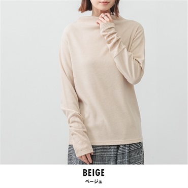 m.m.o レディース ボトルネック ジャガード袖プルオーバー(ベージュ-M-L)