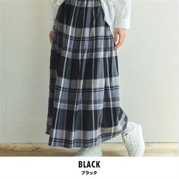 m.m.o レディース チェック柄 タックスカート(ブラック-M)