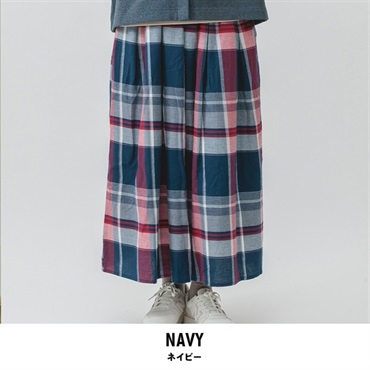 m.m.o レディース チェック柄 タックスカート(ネイビー-M)