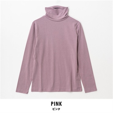 パレコレ レディースヒートマジック無地ベア天竺タートルネック長袖Tシャツ(ピンク-M)