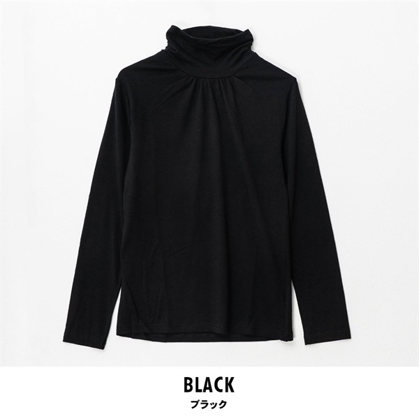 パレコレ レディースヒートマジック無地ベア天竺クシュネック長袖Tシャツ(ブラック-M)