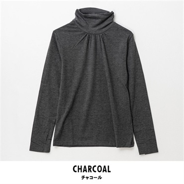 パレコレ レディースヒートマジック無地ベア天竺クシュネック長袖Tシャツ(チャコール-M)