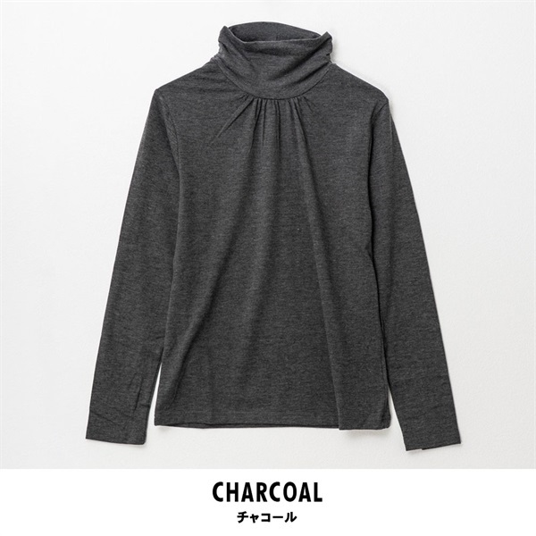 パレコレ レディースヒートマジック無地ベア天竺クシュネック長袖Tシャツ(チャコール-M)