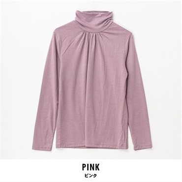 パレコレ レディースヒートマジック無地ベア天竺クシュネック長袖Tシャツ(ピンク-M)