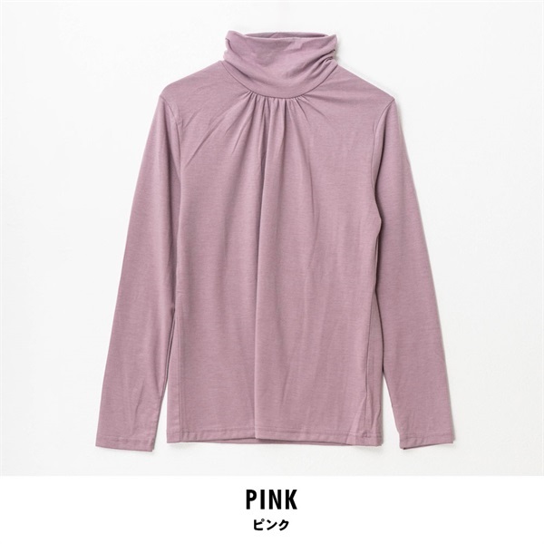 パレコレ レディースヒートマジック無地ベア天竺クシュネック長袖Tシャツ(ピンク-M)