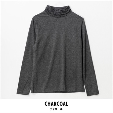 パレコレ レディースヒートマジック無地ベア天竺フリルネック長袖Tシャツ(チャコール-M)