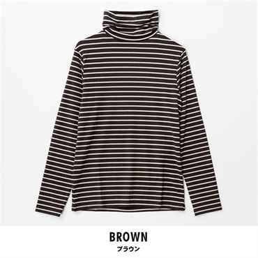 パレコレ レディースヒートマジックボーダーベア天竺タートルネック長袖Tシャツ(ブラウン-M)