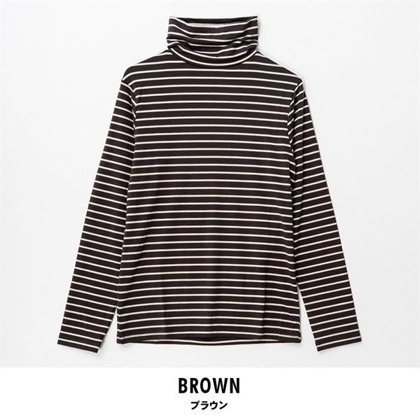 パレコレ レディースヒートマジックボーダーベア天竺タートルネック長袖Tシャツ(ブラウン-M)