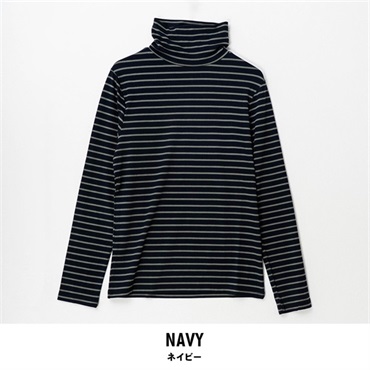 パレコレ レディースヒートマジックボーダーベア天竺タートルネック長袖Tシャツ(ネイビー-M)