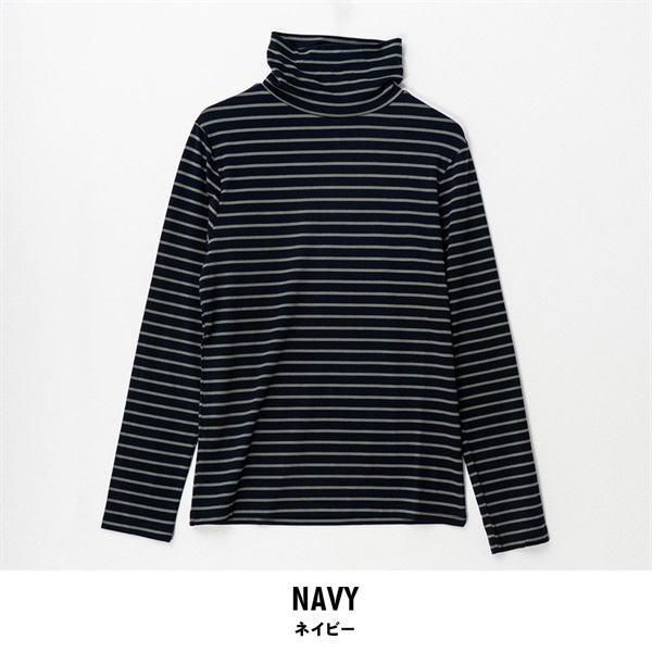 パレコレ レディースヒートマジックボーダーベア天竺タートルネック長袖Tシャツ(ネイビー-M)