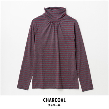 パレコレ レディースヒートマジックボーダーベア天竺クシュネック長袖Tシャツ(チャコール-M)