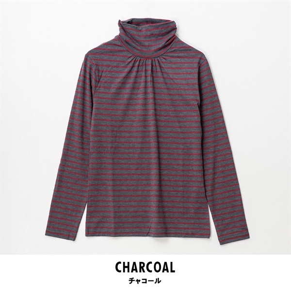 パレコレ レディースヒートマジックボーダーベア天竺クシュネック長袖Tシャツ(チャコール-M)