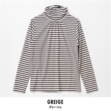 パレコレ レディースヒートマジックボーダーベア天竺クシュネック長袖Tシャツ(グレージュ-M)