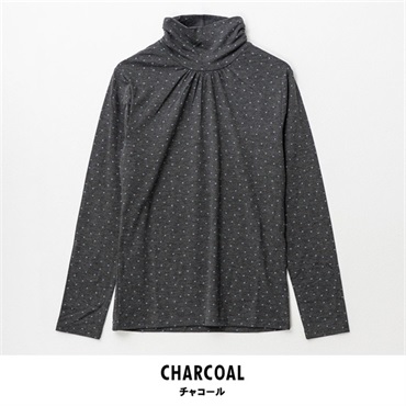 パレコレ レディースヒートマジック若葉柄ベア天竺クシュネック長袖Tシャツ(チャコール-M)