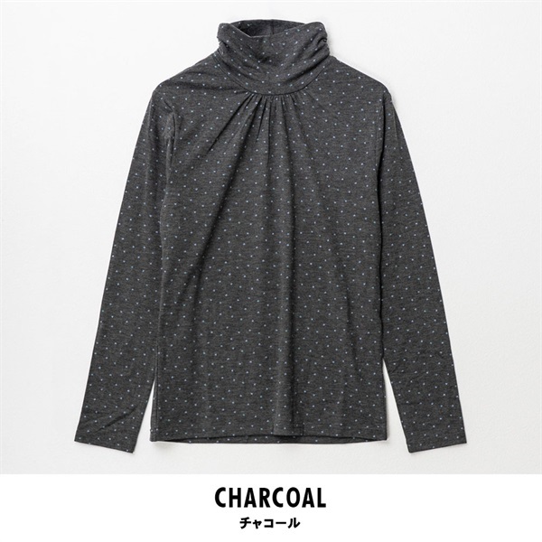 パレコレ レディースヒートマジック若葉柄ベア天竺クシュネック長袖Tシャツ(チャコール-M)